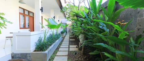 A narrow pathway with stone slabs, flanked by lush greenery and a white building with a window.