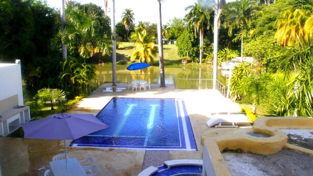 Une piscine avec un élément décoratif aquatique aux eaux bleues, entourée de palmiers et d’une pelouse.