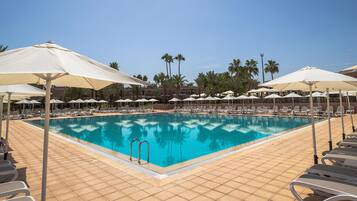 Outdoor pool, pool umbrellas, pool loungers
