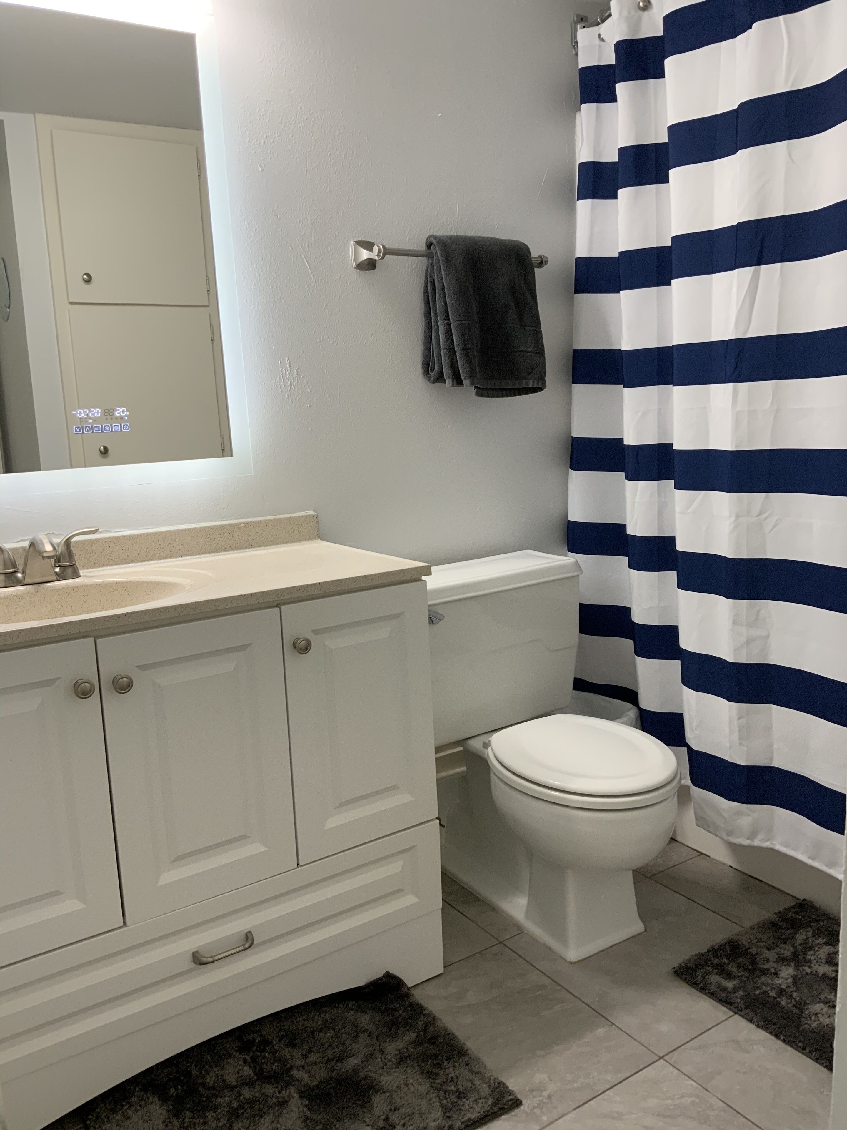A bathroom with a white sink, a toilet, and a striped shower curtain.