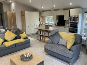 Cabin | Living room | 30-inch TV with digital channels, fireplace - Clouded Yellow - Beautiful Modern Lodge, Kippford (Dalbeattie)