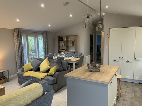 Cabin | Living room | 30-inch TV with digital channels, fireplace - Clouded Yellow - Beautiful Modern Lodge, Kippford (Dalbeattie)
