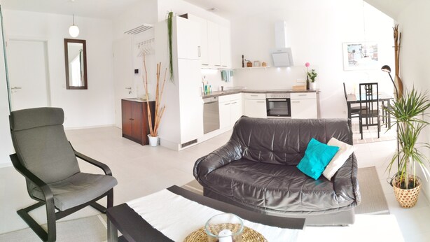 A modern living room with a leather sofa, a dining area with a table and chairs, and a kitchen with white cabinets and appliances.