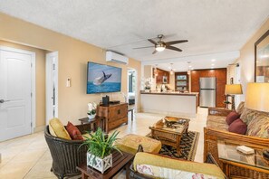 A spacious living area with a television, comfortable seating, a kitchen with modern appliances, and a ceiling fan.