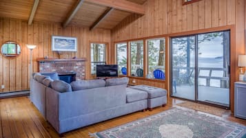 TV, fireplace, DVD player, books