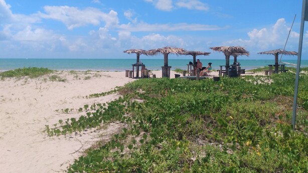 Ein Strand mit Reetsonnenstühlen und Sitzbereichen, feiner Sand und blauer Himmel.