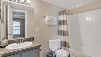 Bathtub, hair dryer, soap, shampoo