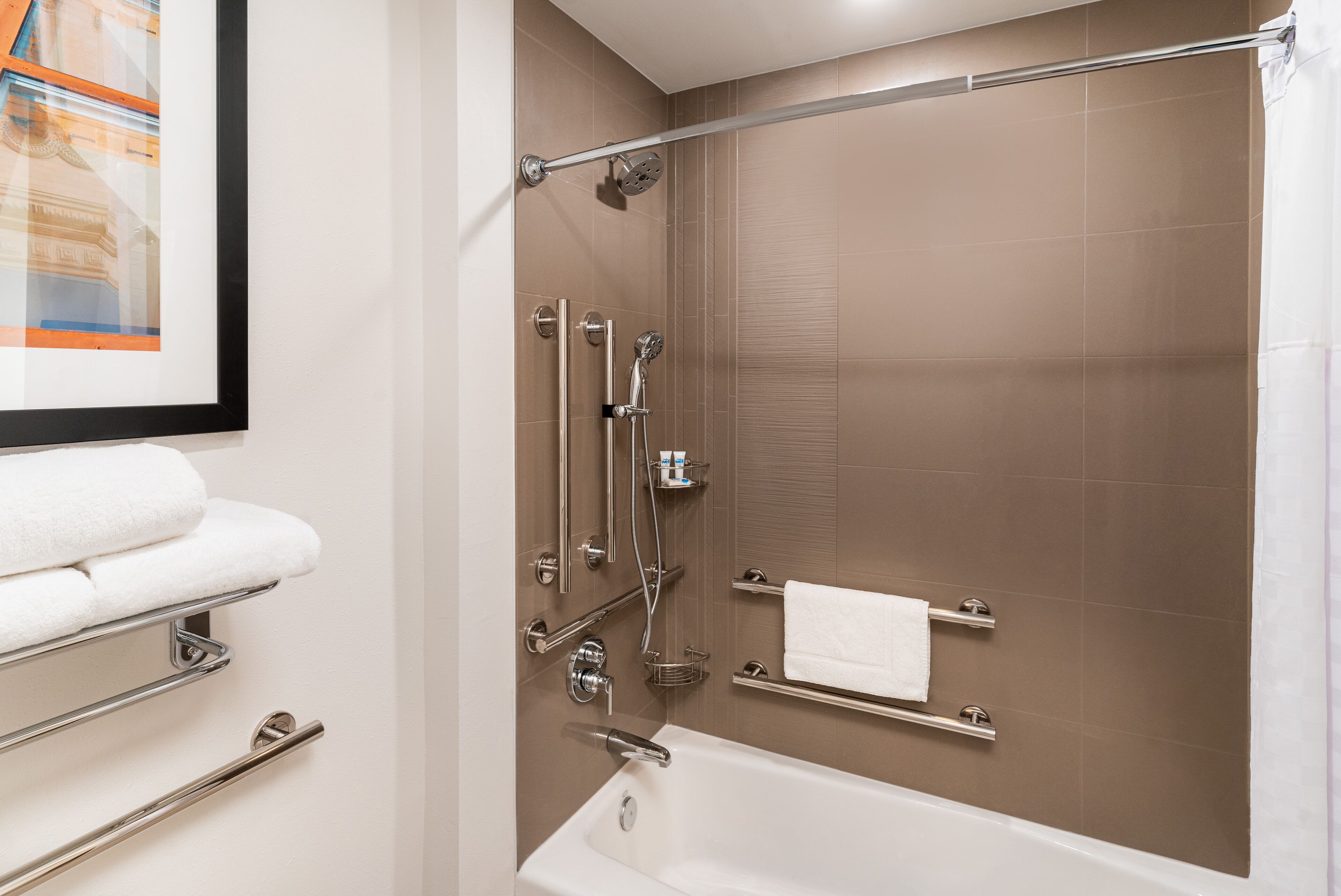 A modern bathroom with a walk-in shower, a bathtub, and a toilet.