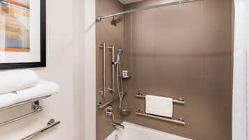 A modern bathroom with a walk-in shower, a bathtub, and a toilet.