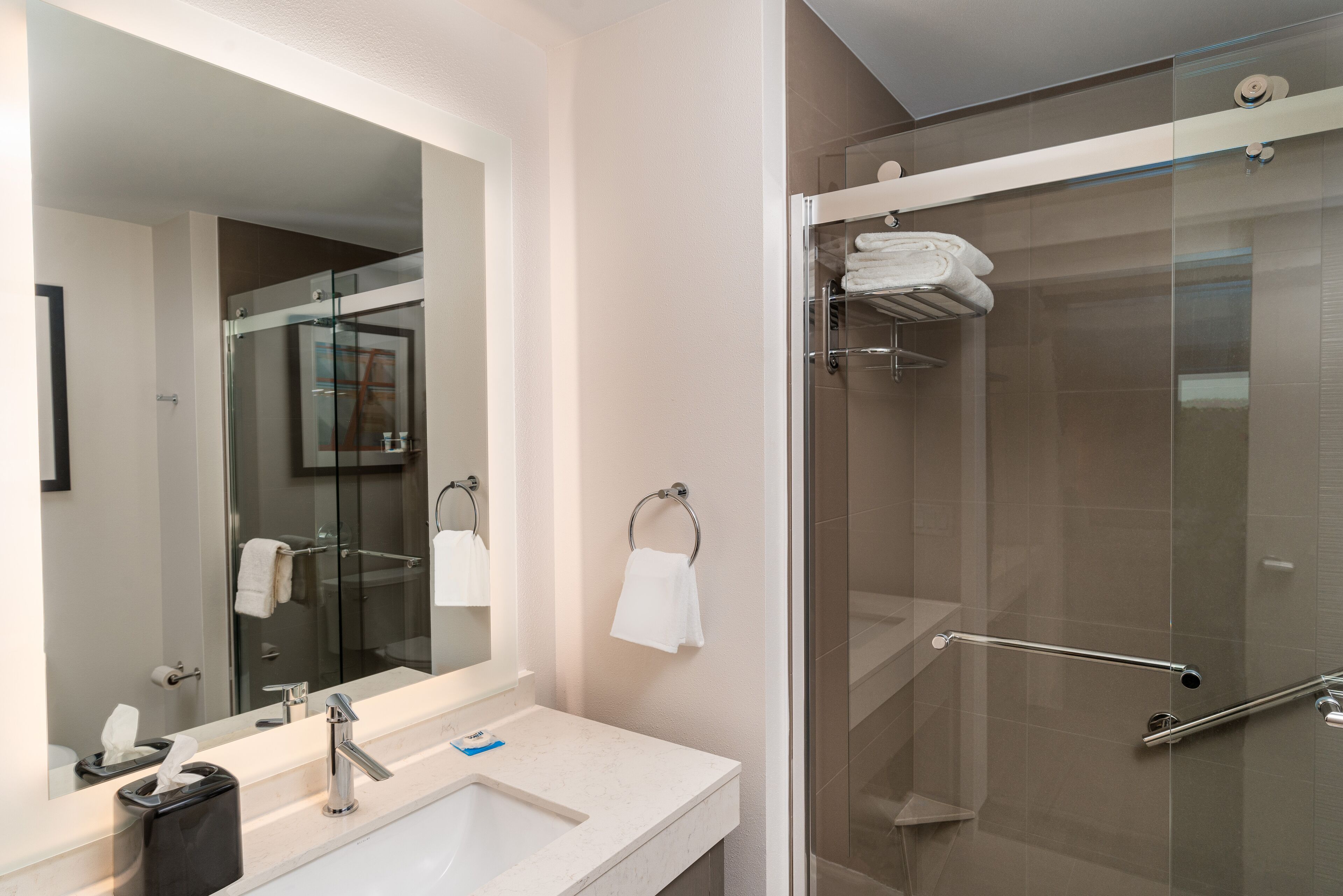 combined shower/bathtub, hair dryer, towels