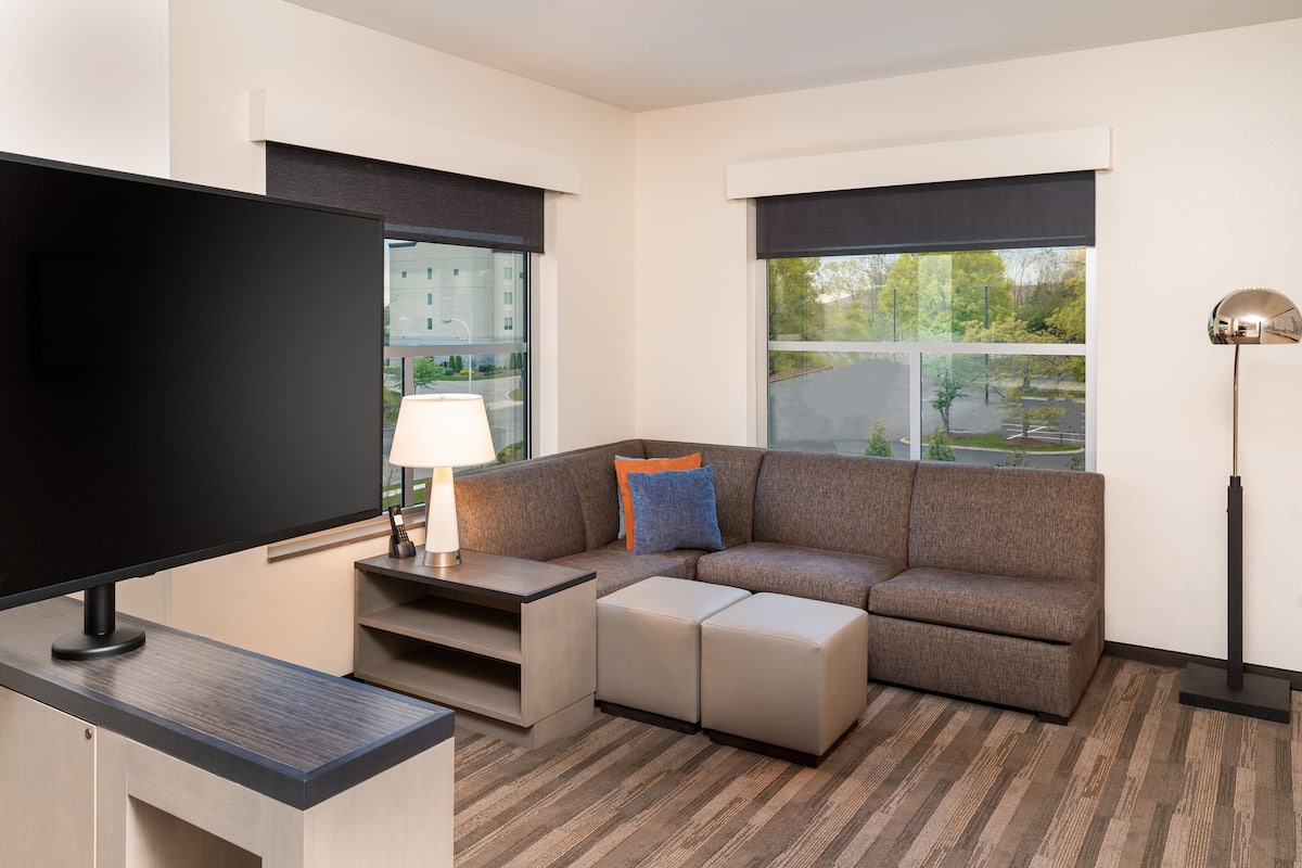 A modern hotel room with a sectional sofa, a flat-screen TV, a lamp, and a view of the outside.