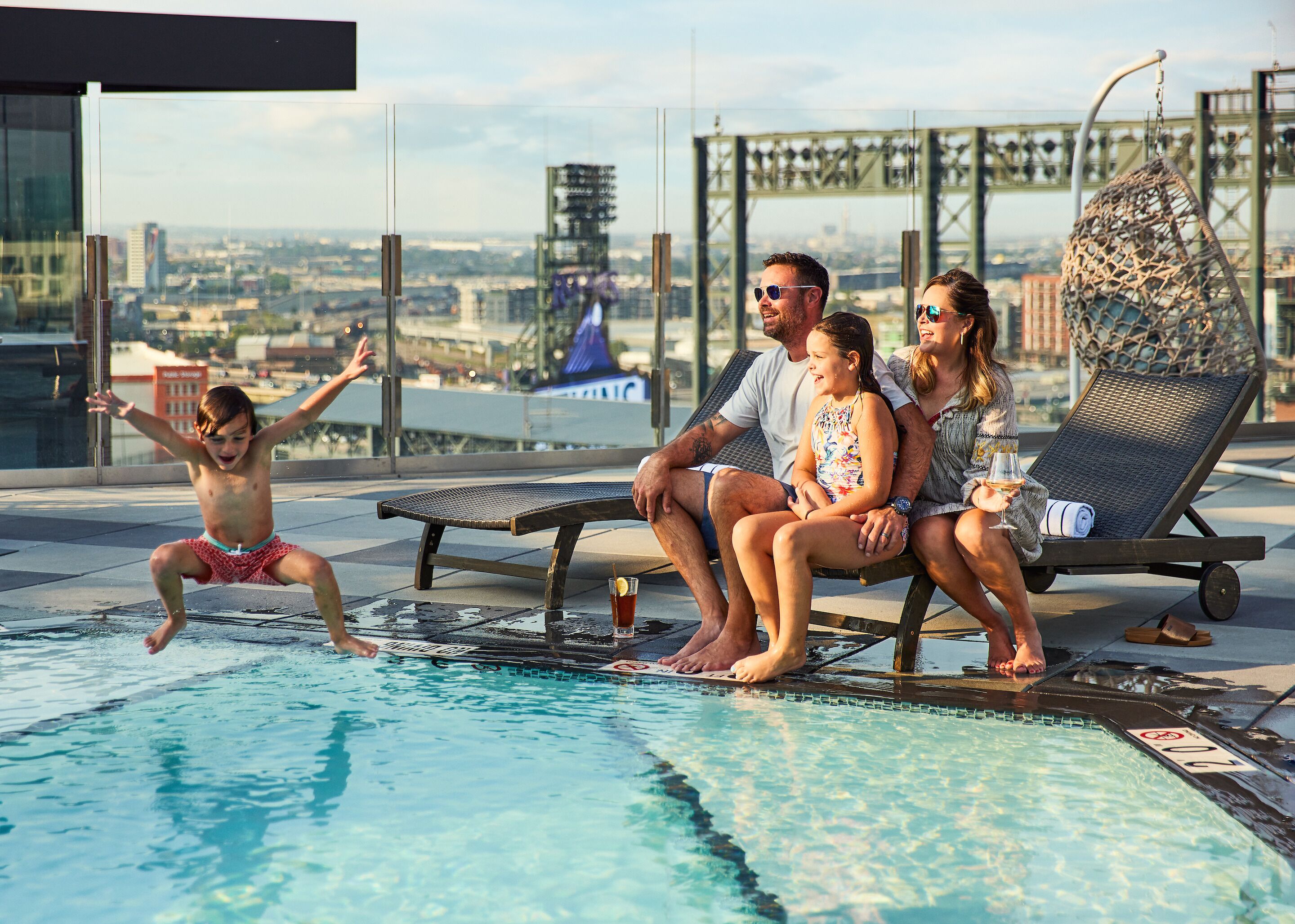 outdoor pool, pool loungers