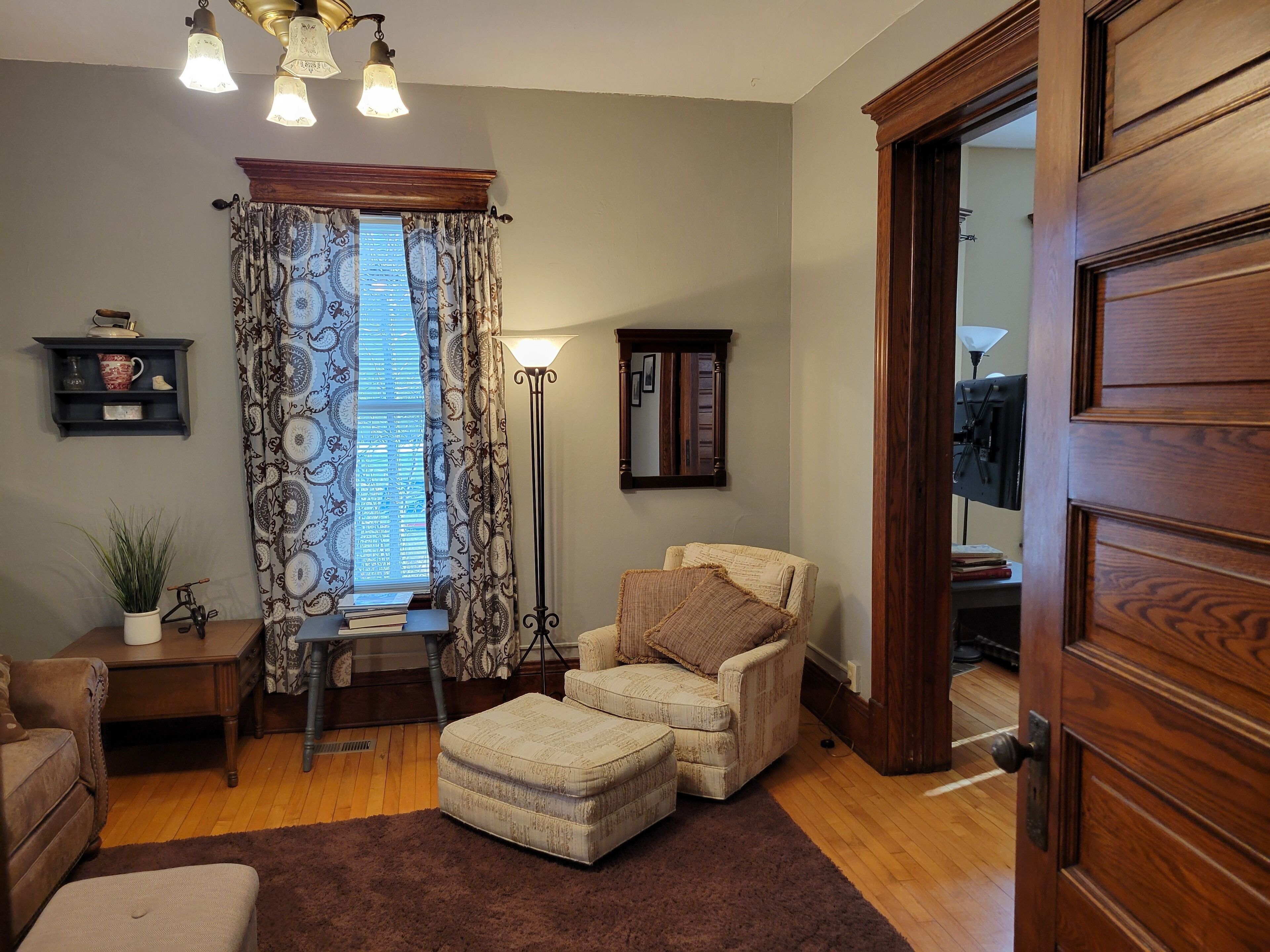 Smart TV, fireplace, books