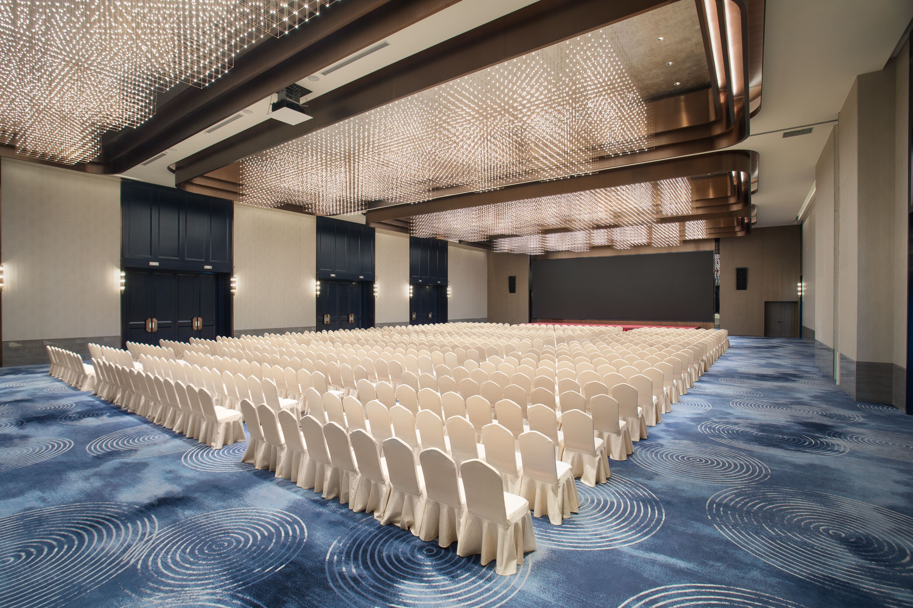 A large, empty conference room with rows of white chairs, a blue carpet with circular patterns, and a modern ceiling design.