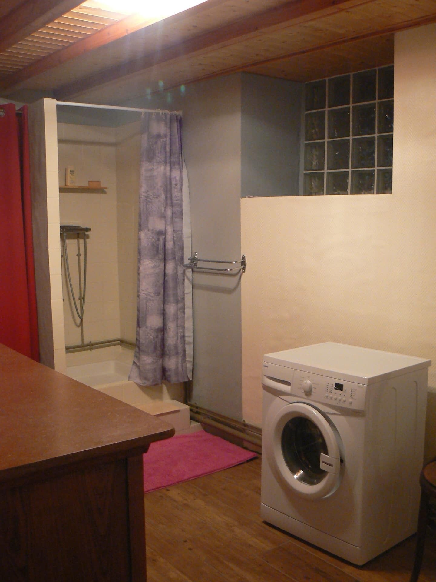 A laundry room with a washing machine, a shower, and a small window.