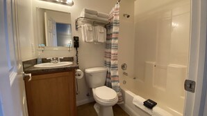 Un bagno con lavandino, WC e doccia.