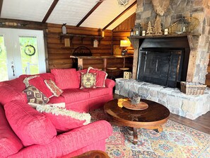 Smart TV, chimenea, reproductor de DVD y libros 