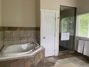 Combined shower/bathtub, hair dryer, towels, soap