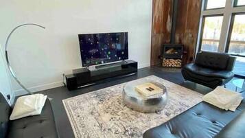 TV, fireplace, foosball