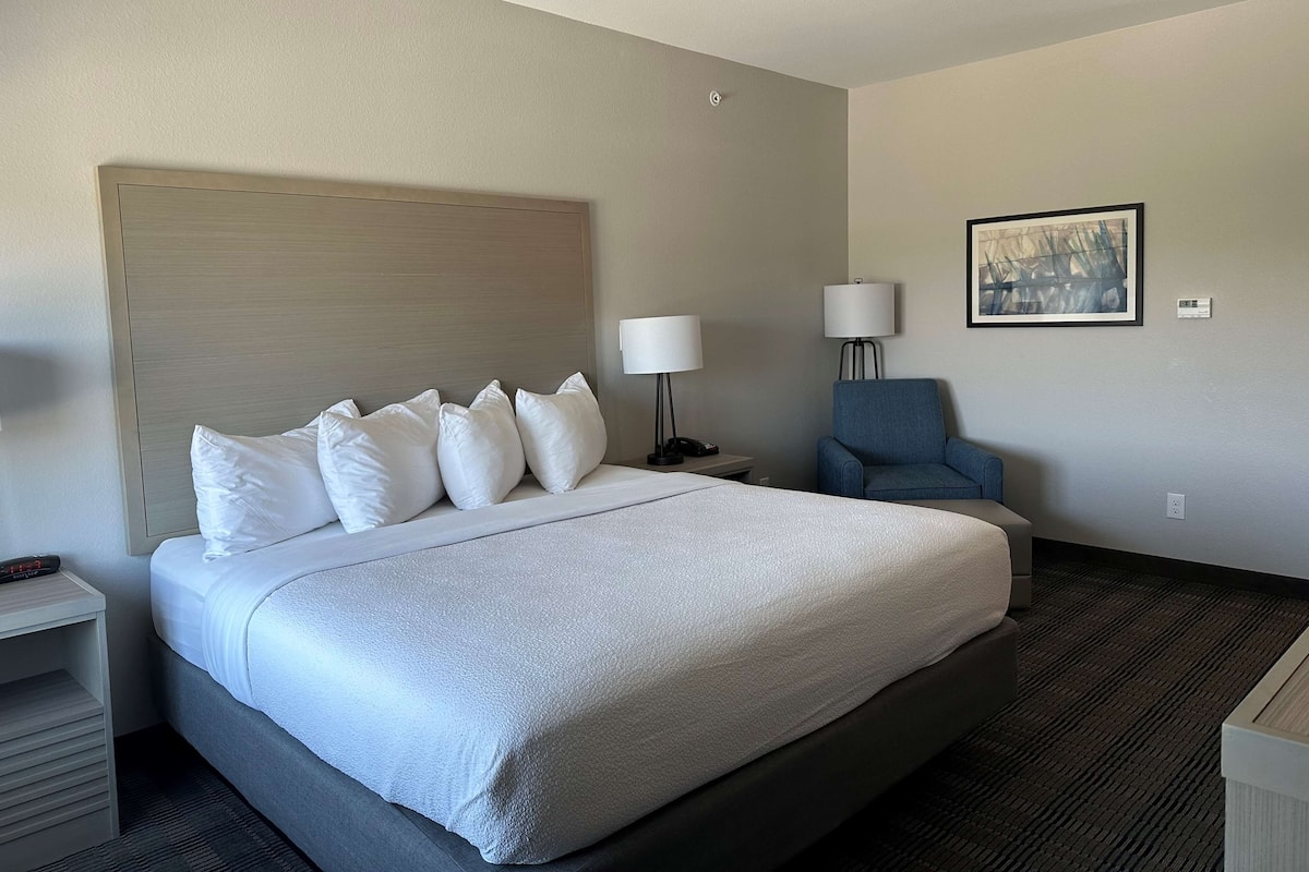 A hotel room with a large bed, a nightstand, a chair, a lamp, and a painting on the wall.
