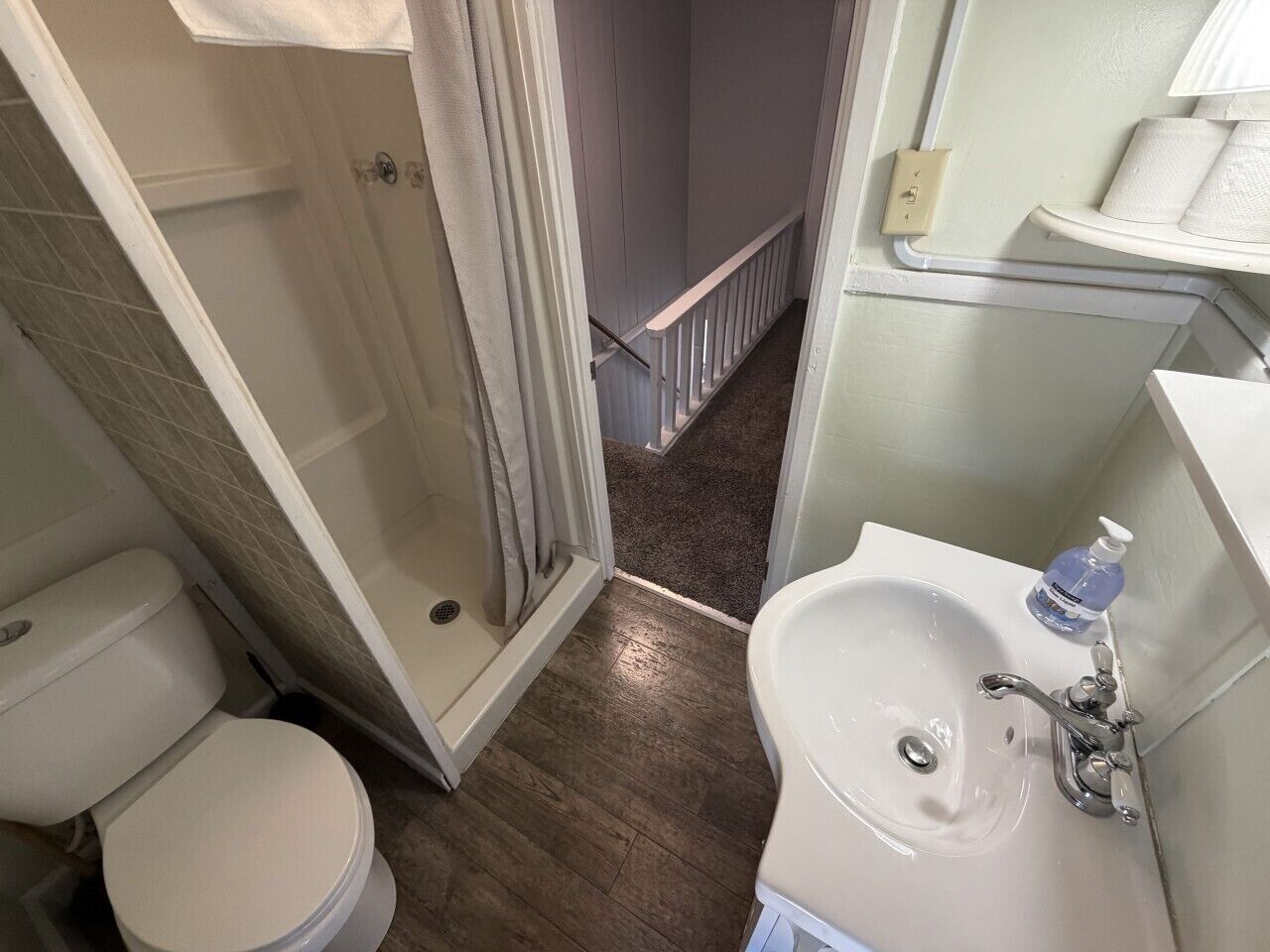 Baño con ducha, inodoro, lavabo y toallero.