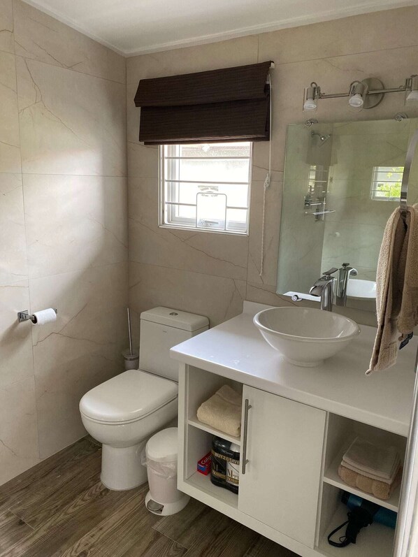 A bathroom with a toilet, sink, mirror, and a window with a blind.