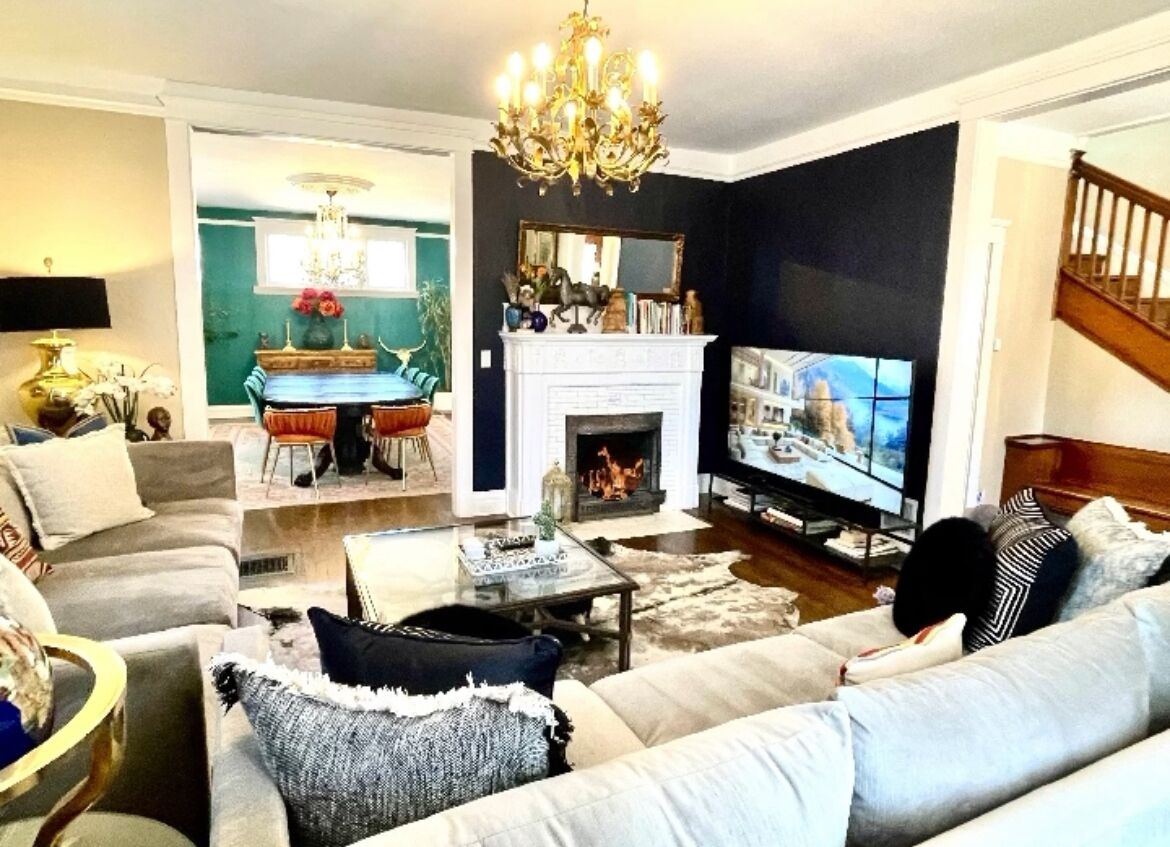 Smart TV, fireplace, books, music library