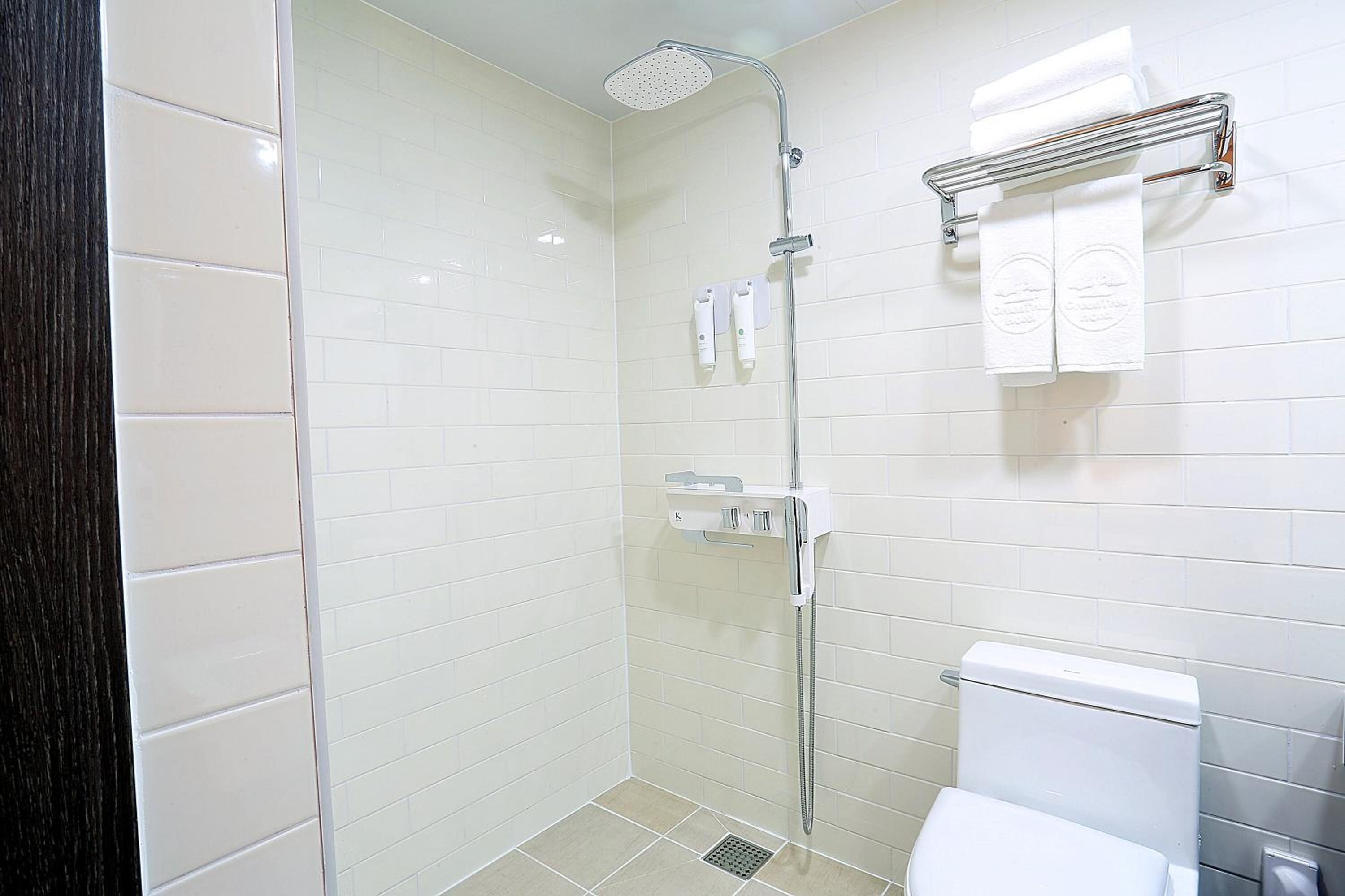 shower, hair dryer, slippers, towels