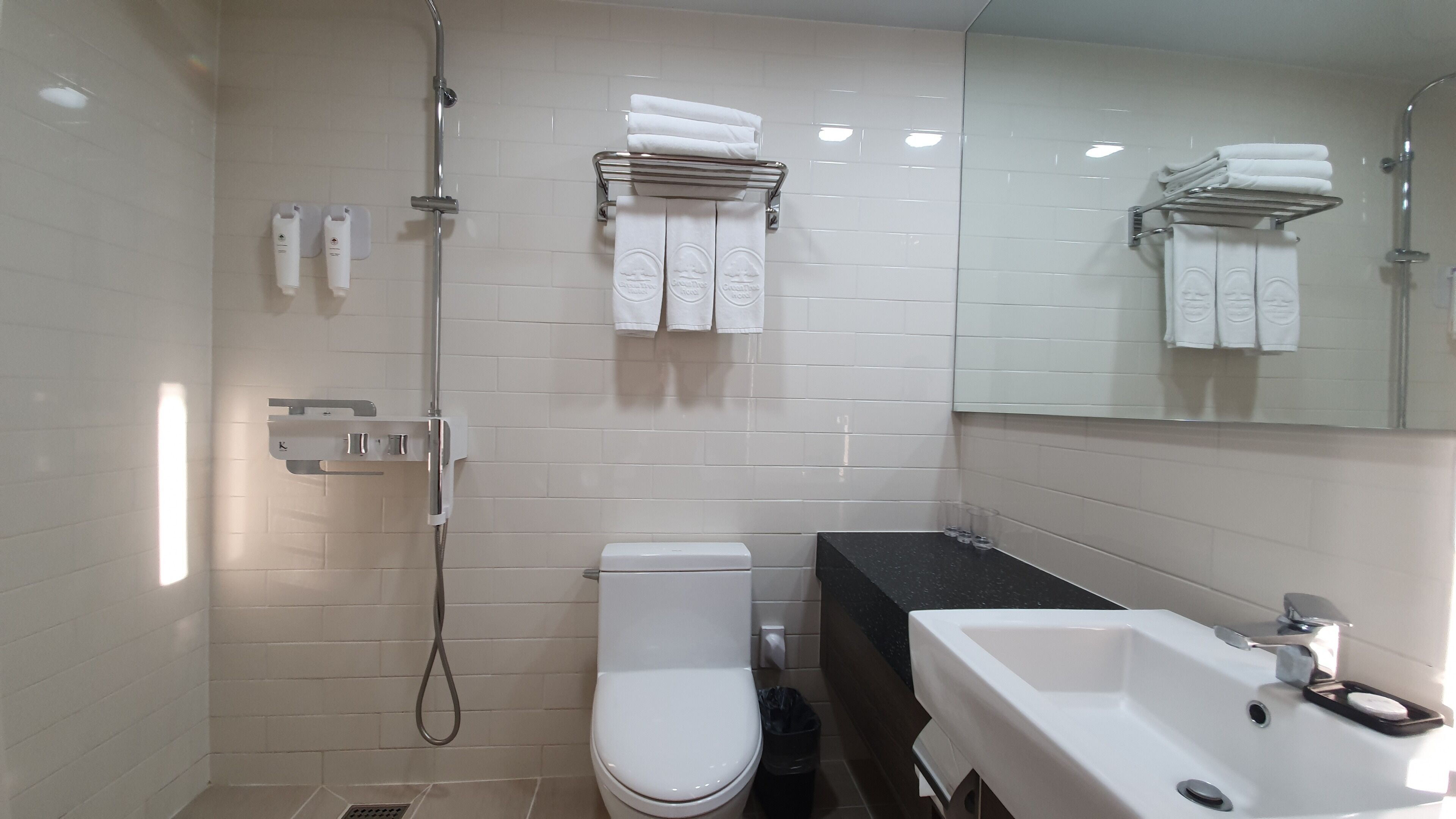 shower, hair dryer, slippers, towels