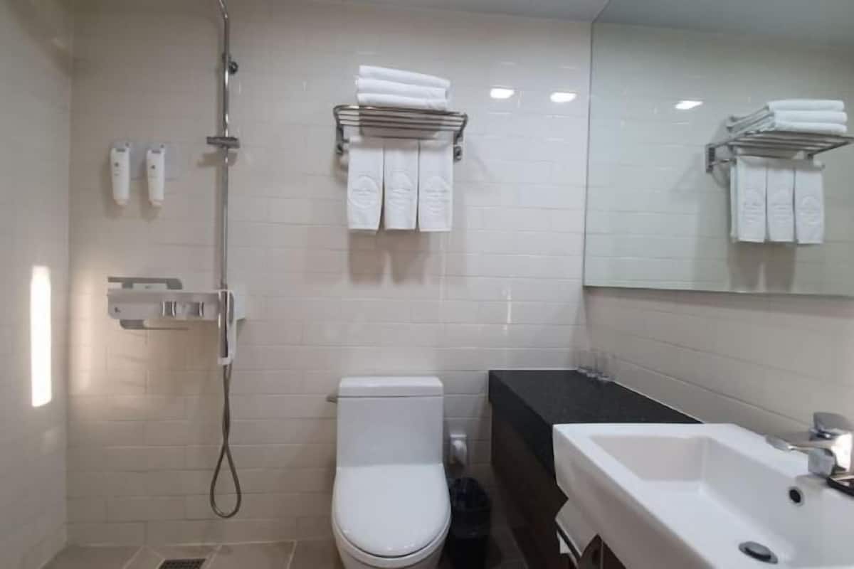 Badkamer | Een douche, een haardroger, pantoffels, handdoeken