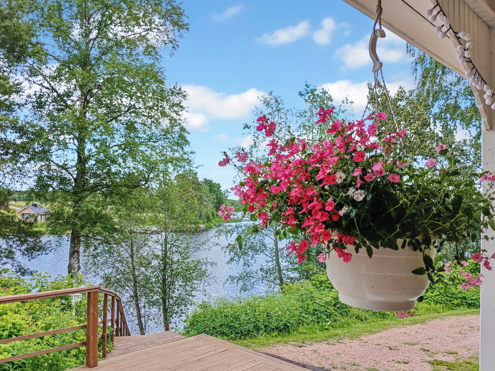 En träbrygga som leder ner till en sjö, med hängande, rosa blommor och utsikt över vattnet.