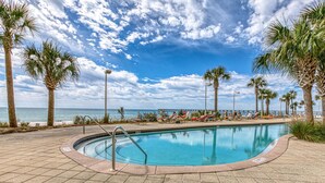 A swimming pool with a curved edge, surrounded by palm trees and a view of the ocean.