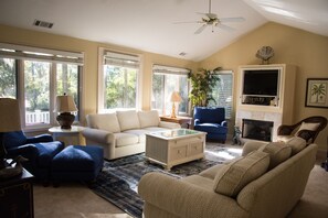 Smart-TV, peis, DVD-spiller og bøker