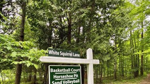 A signpost in a wooded area with directions to White Squirrel Lane, Basketball Court, Horseshoe Pit, and Sand Volleyball. - Pool, Sauna & Year-Round Fun! (Harbor Springs)