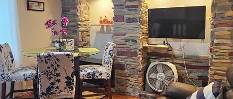 TV, fireplace, DVD player, books