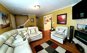 TV, fireplace, DVD player, books
