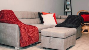 A modern living room with a grey sofa, a red throw blanket, and a black ottoman. - A Fisherman’s and birdwatchers Paradise! (Carrying Place)
