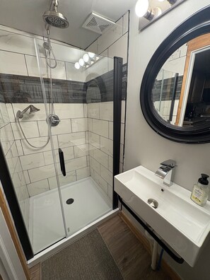 Shower, hair dryer, towels, soap