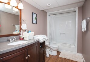 Combined shower/tub, hair dryer, towels, soap