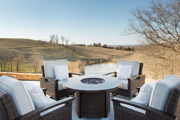 Terrace/patio - Cottage with panoramic hilltop views and stocked pond on 80 acres. (Spring Hill)