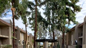 Un cortile con una passeggiata centrale, circondato da edifici a più piani con balconi e diversi elementi di giardinaggio.