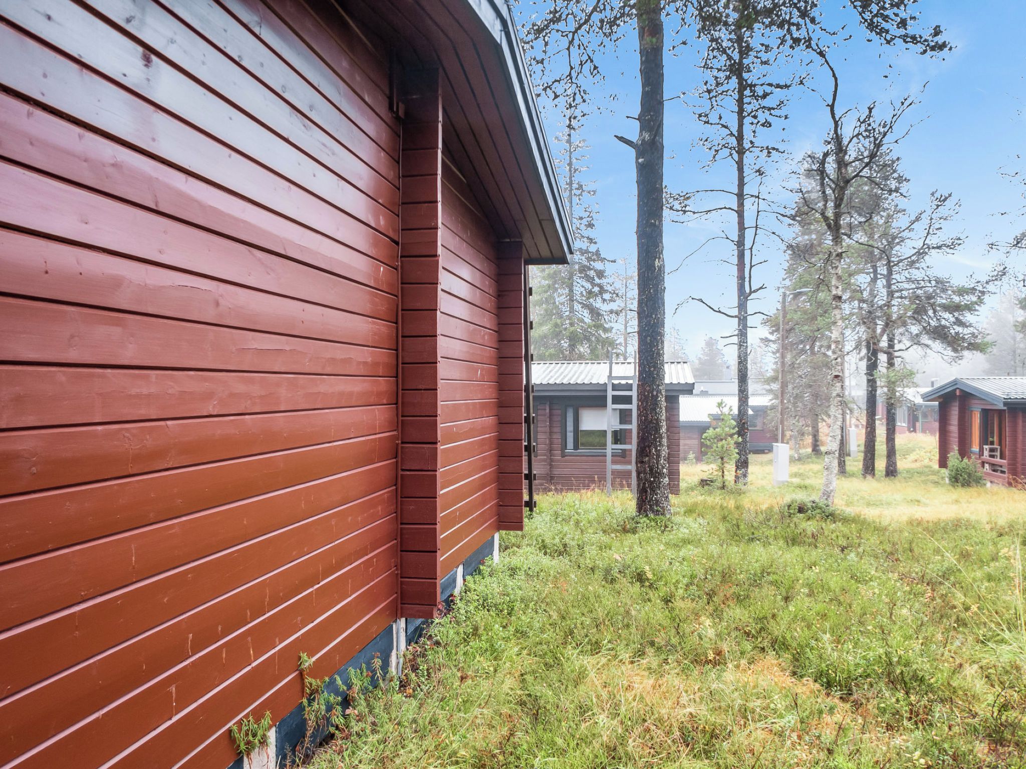 A wooden building with a sloped roof, surrounded by trees and grass.