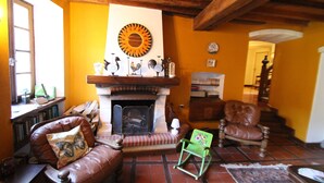 A cozy living room with a fireplace, leather armchairs, a green chair, and a patterned rug. - Self catering Mas Manyaques for 5 people (Tech)