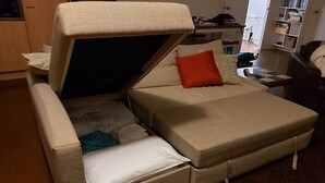 Un sofà convertible amb llit amagat, una taula petita i una prestatgeria en un saló.