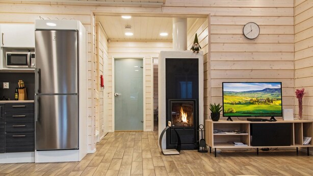 Ein modernes Wohnzimmer mit Kamin, Fernseher und Küchenzeile mit Kühlschrank und Mikrowelle.