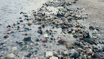 Ein Strand mit Kieselsteinen und Sand, der bis zum Wasserrand reicht.