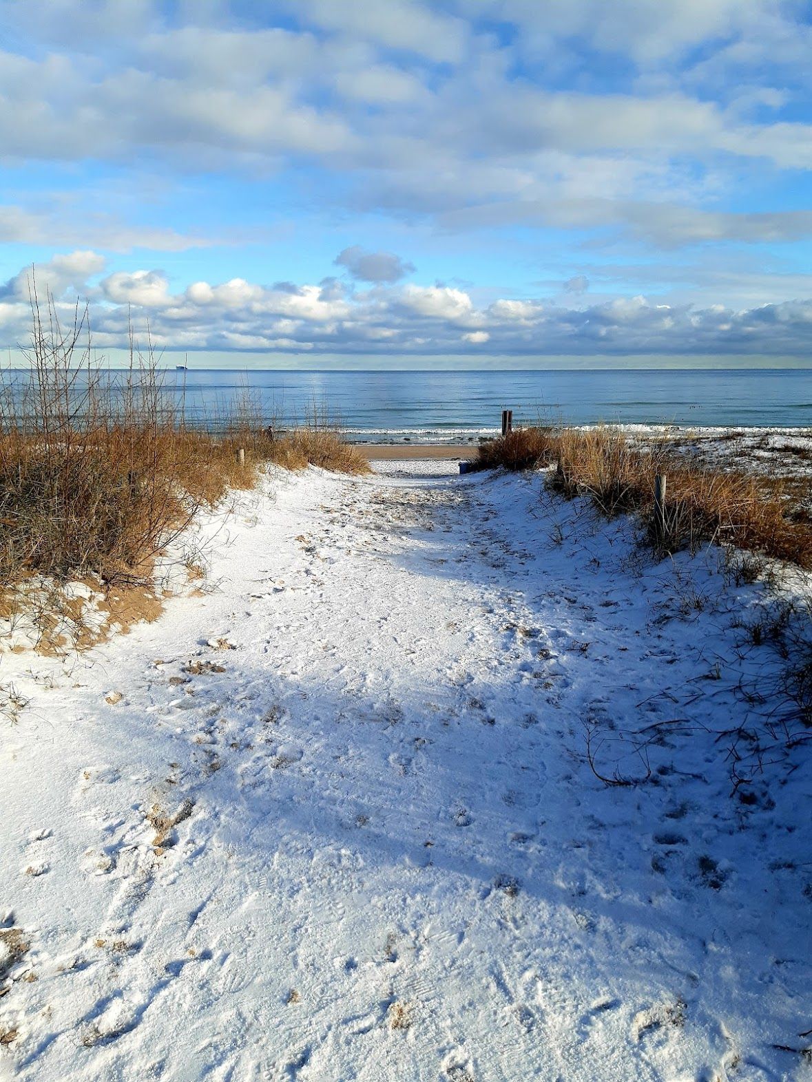 Un sendero cubierto de nieve que lleva a una playa, con vistas despejadas al océano y un cielo nublado.