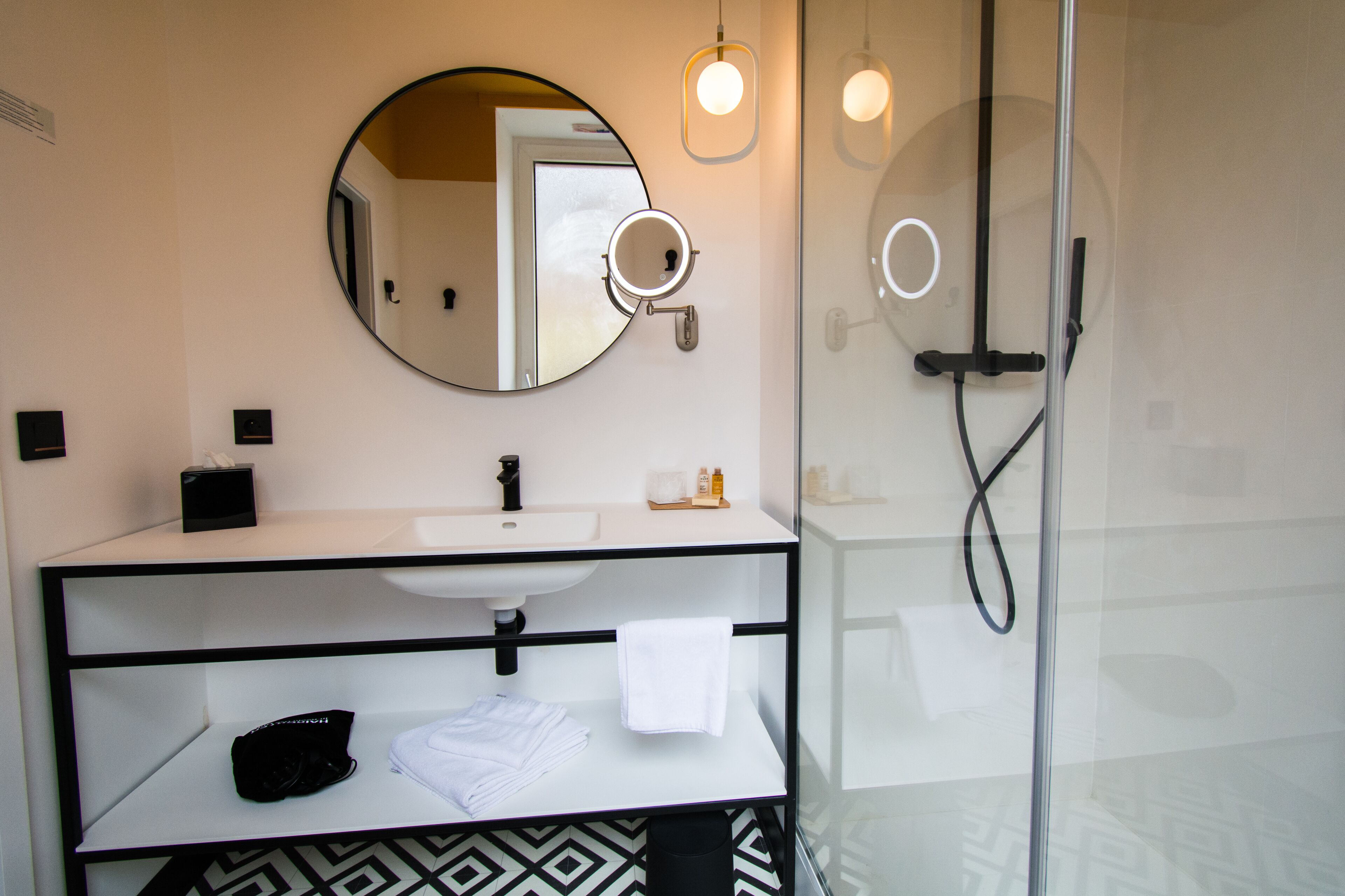 shower, rainfall showerhead, hair dryer, bathrobes