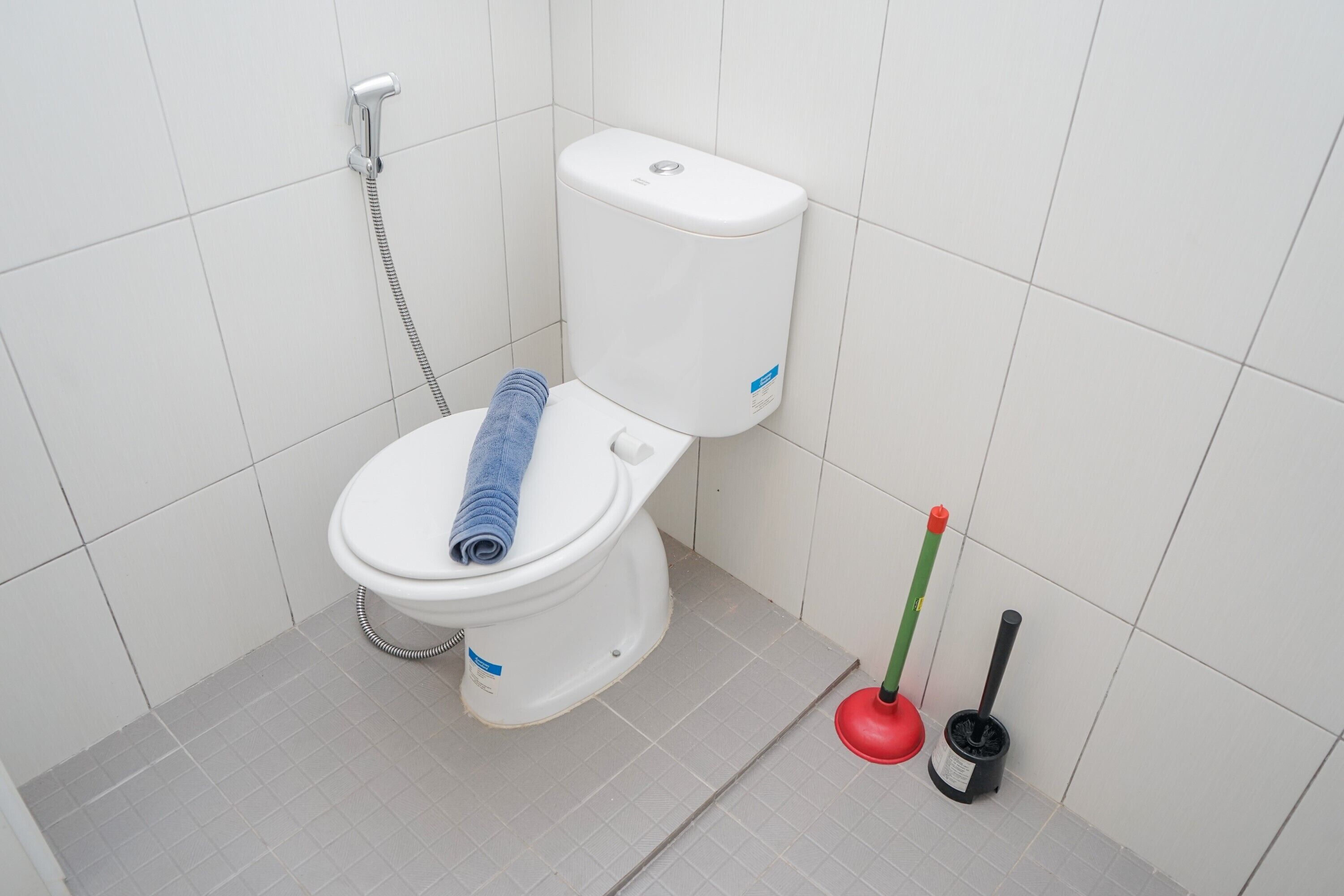 A bathroom with a toilet, a shower, and two cleaning tools.