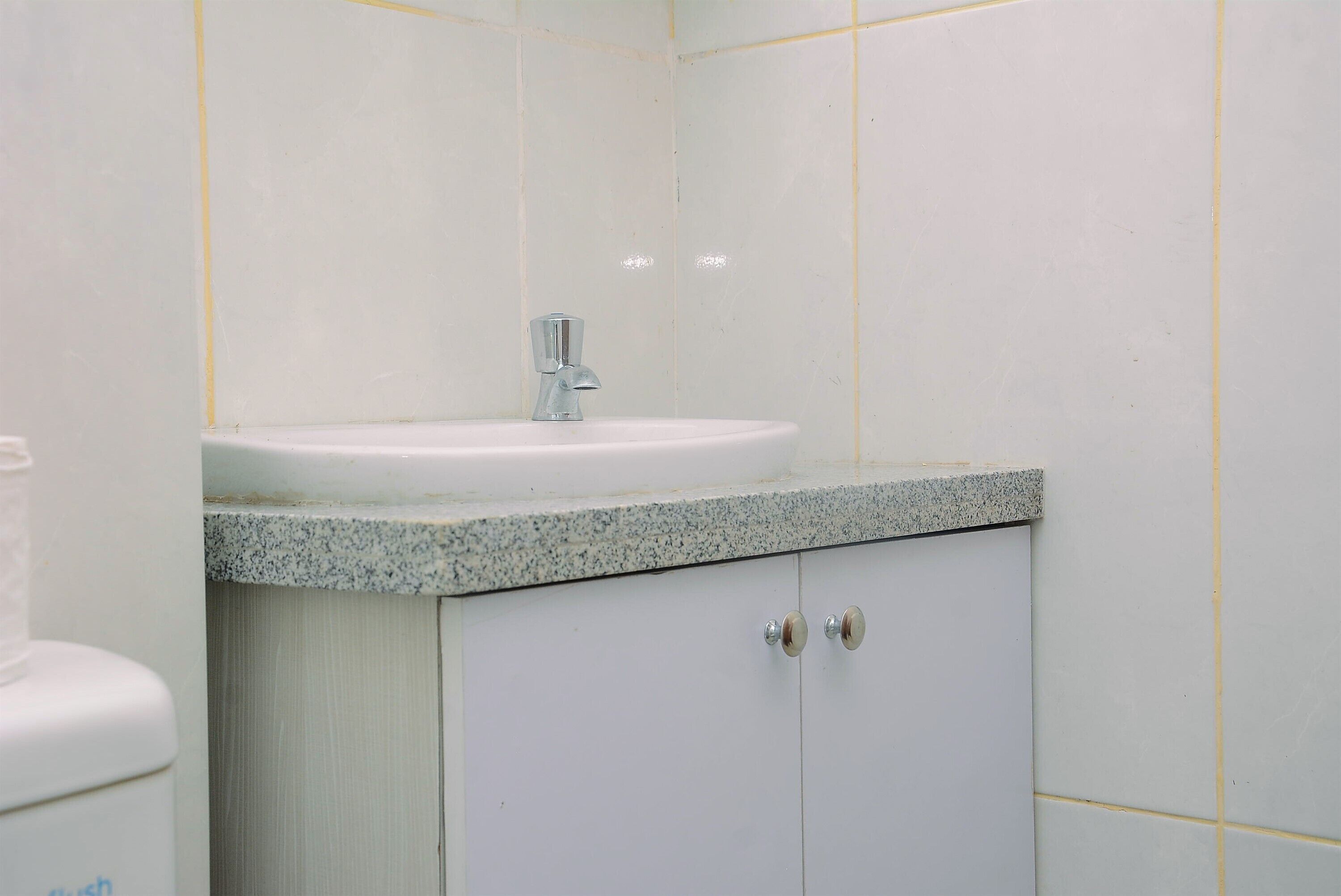 Ein Badezimmer mit einem weißen Waschbecken, einer Granit-Arbeitsplatte und einem weißen Schrank mit zwei Türen.